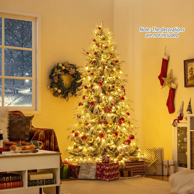 7 Feet Snow-flocked Artificial Christmas Tree Pre-lit Hinged Xmas Tree with Warm White LED Lights by DirectDeals
