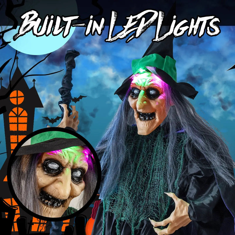 7 Feet Witch on Broom Halloween Animatronic with LED Lights by DirectDeals