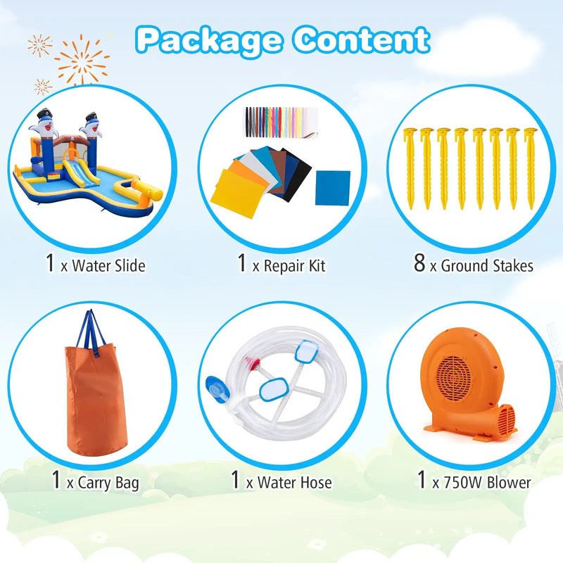 7-In-1 Water Slide Park with Splash Pool and Water Cannon with 680W Blower by DirectDeals