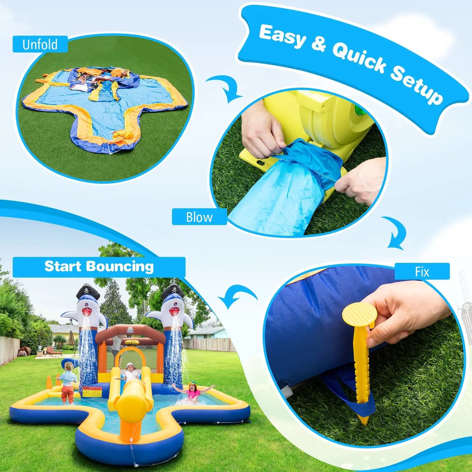 7-In-1 Water Slide Park with Splash Pool and Water Cannon with 680W Blower by DirectDeals