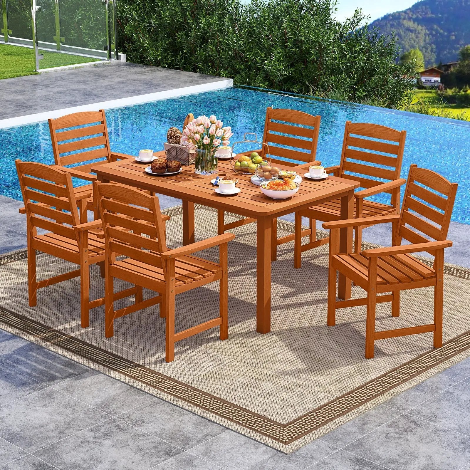 7 Pcs Outdoor Dining Set Teak Oil Finish Slatted Rectangular Dining Table and 6 Armchairs by DirectDeals