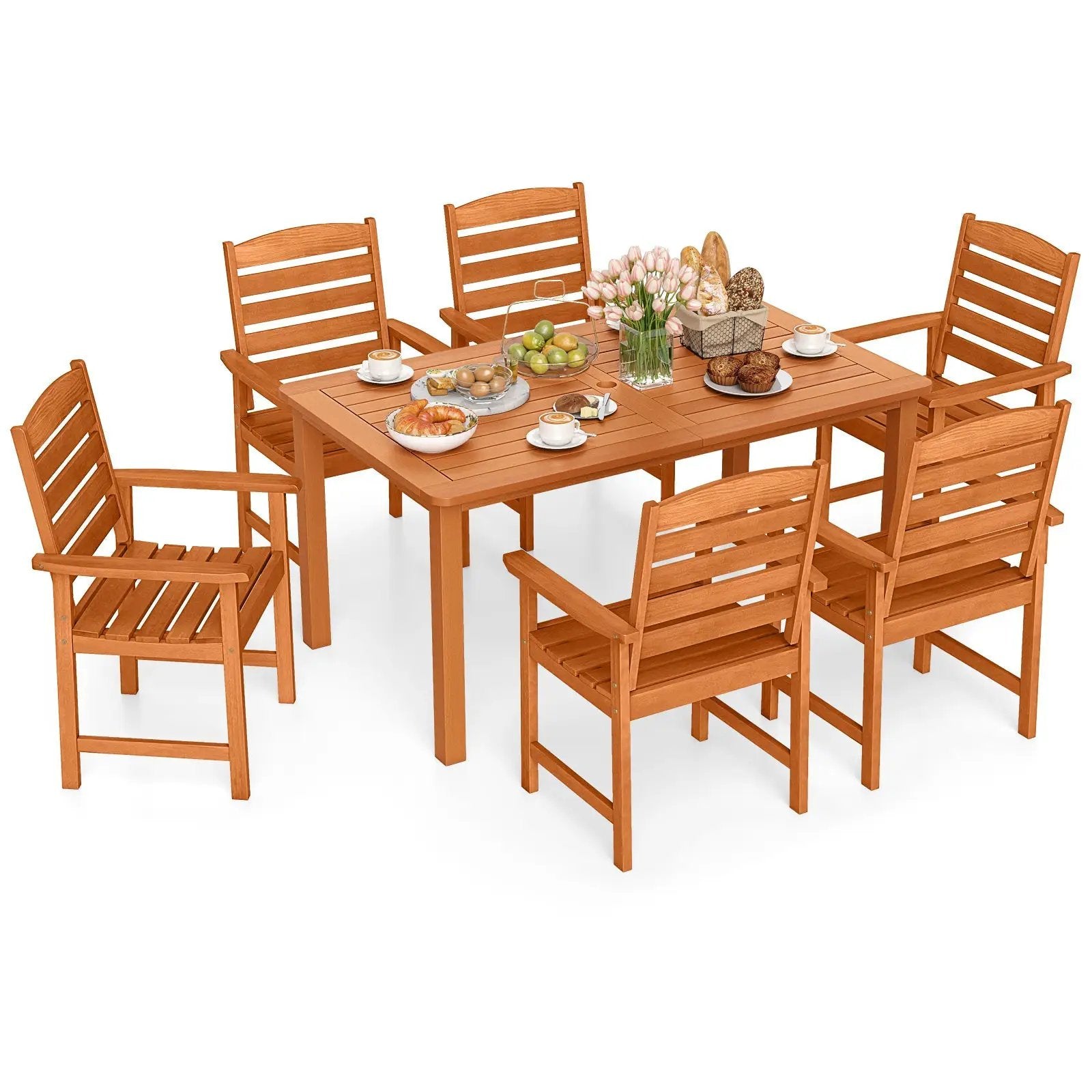 7 Pcs Outdoor Dining Set Teak Oil Finish Slatted Rectangular Dining Table and 6 Armchairs by DirectDeals