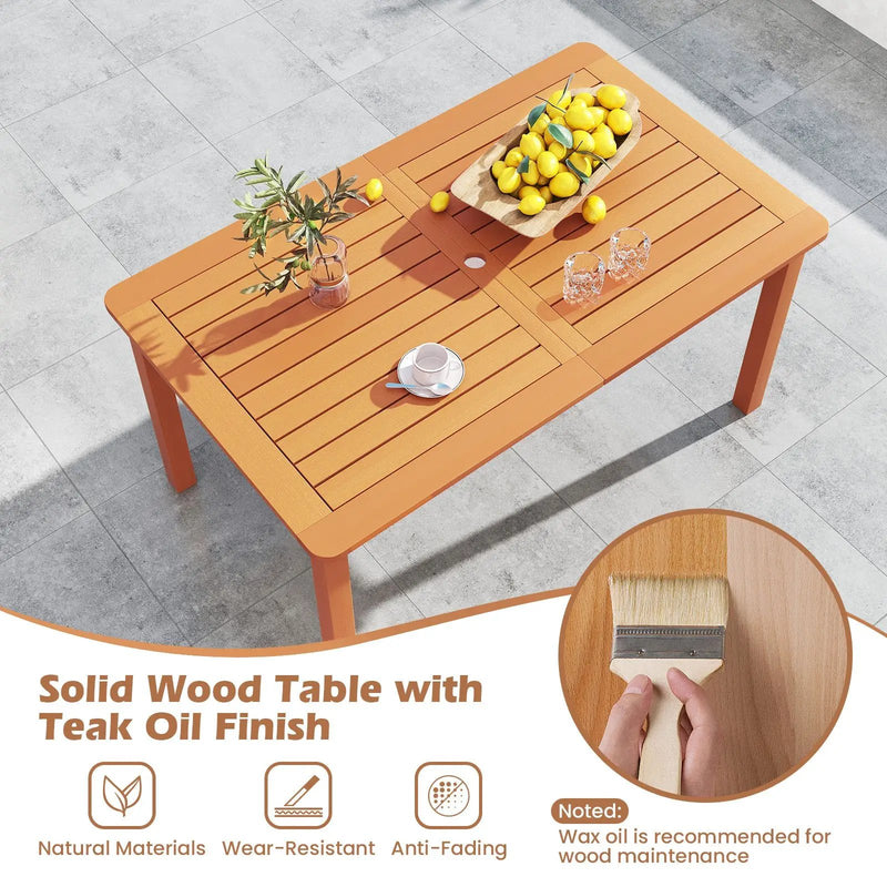 7 Pcs Outdoor Dining Set Teak Oil Finish Slatted Rectangular Dining Table and 6 Armchairs by DirectDeals
