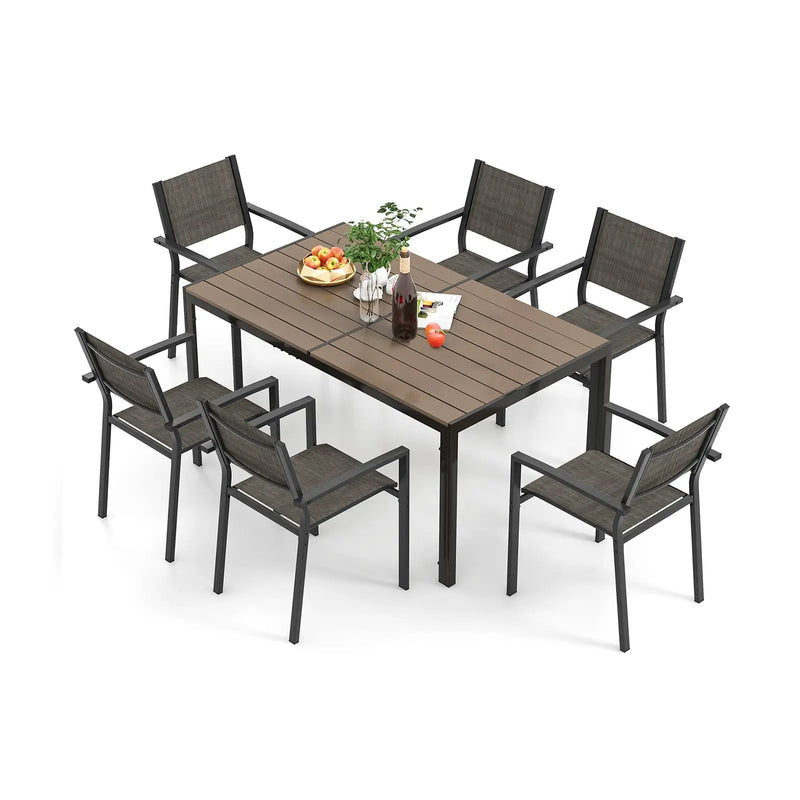 7 Piece Outdoor Dining Set with 6 Stackable Chairs and Large Rectangle Table-Gray by DirectDeals