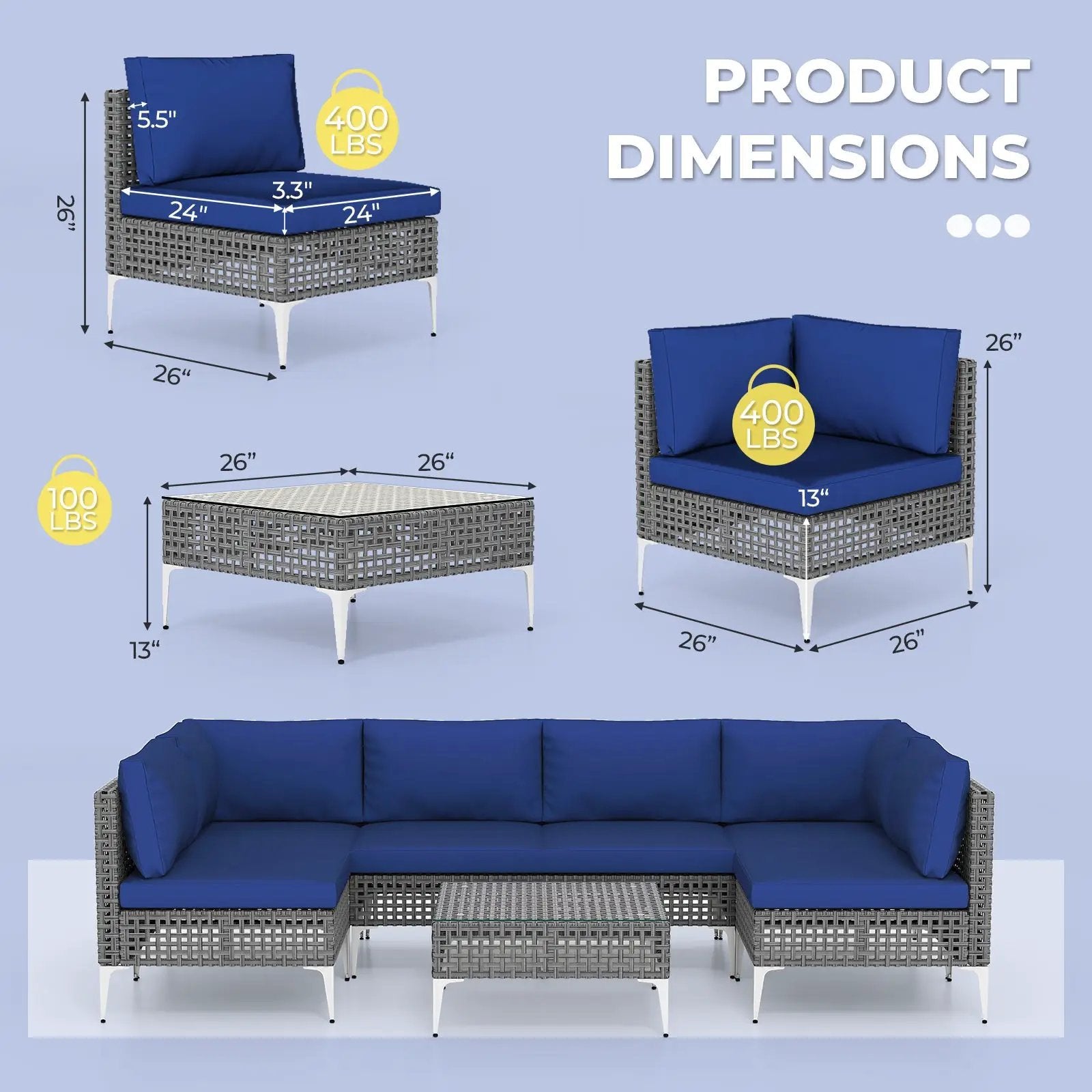 7 Piece Outdoor Furniture Set Wicker Chairs with Tempered Glass Coffee Table-Navy by DirectDeals