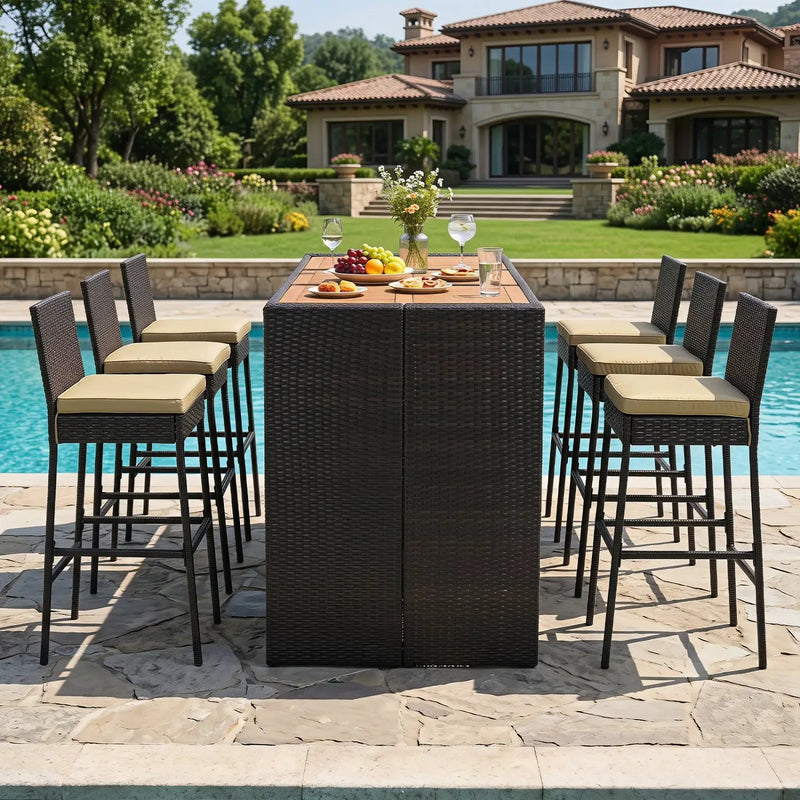 7-Piece Outdoor Wicker Bar Set with Acacia Wood Table & Stools by DirectDeals