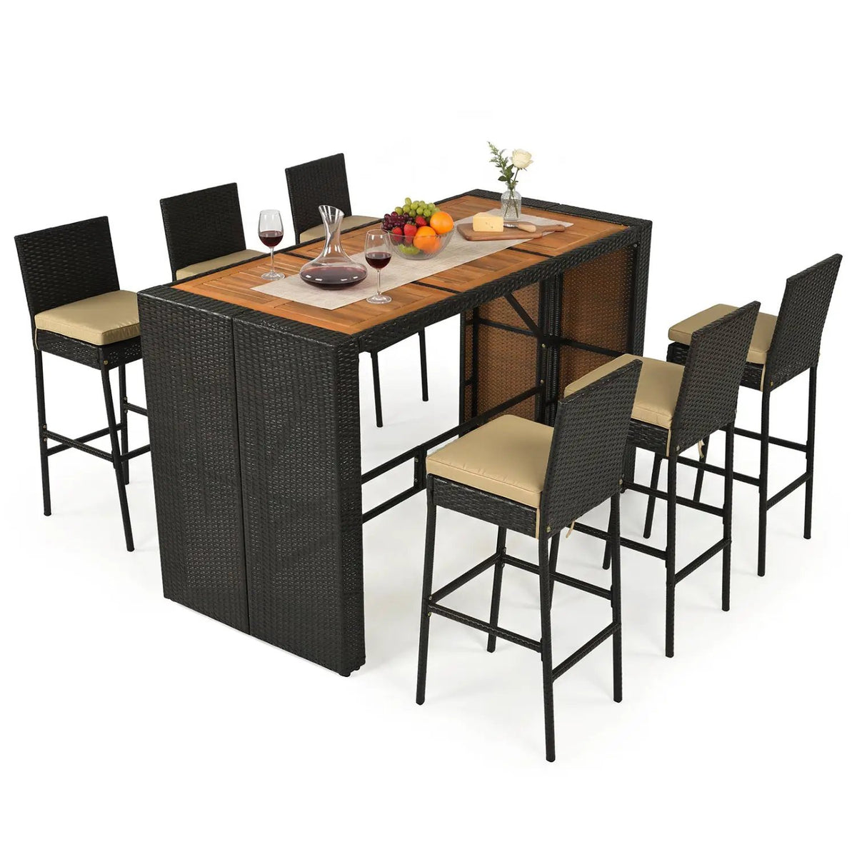 7-Piece Outdoor Wicker Bar Set with Acacia Wood Table & Stools by DirectDeals