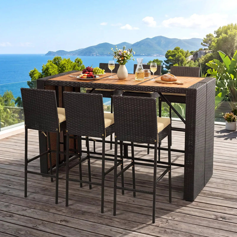7-Piece Outdoor Wicker Bar Set with Acacia Wood Table & Stools by DirectDeals