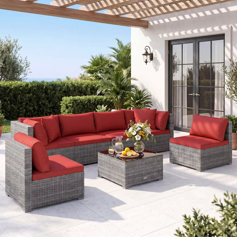 7-Piece Patio Conversation Set with Glass Table & Cushions by DirectDeals