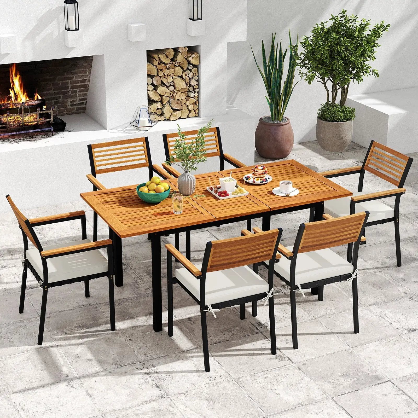 7-Piece Patio Dining Set Wood Metal with Seat Cushions and Umbrella Hole-White by DirectDeals