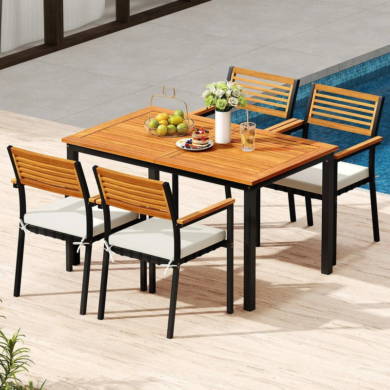 7-Piece Patio Dining Set Wood Metal with Seat Cushions and Umbrella Hole-White by DirectDeals