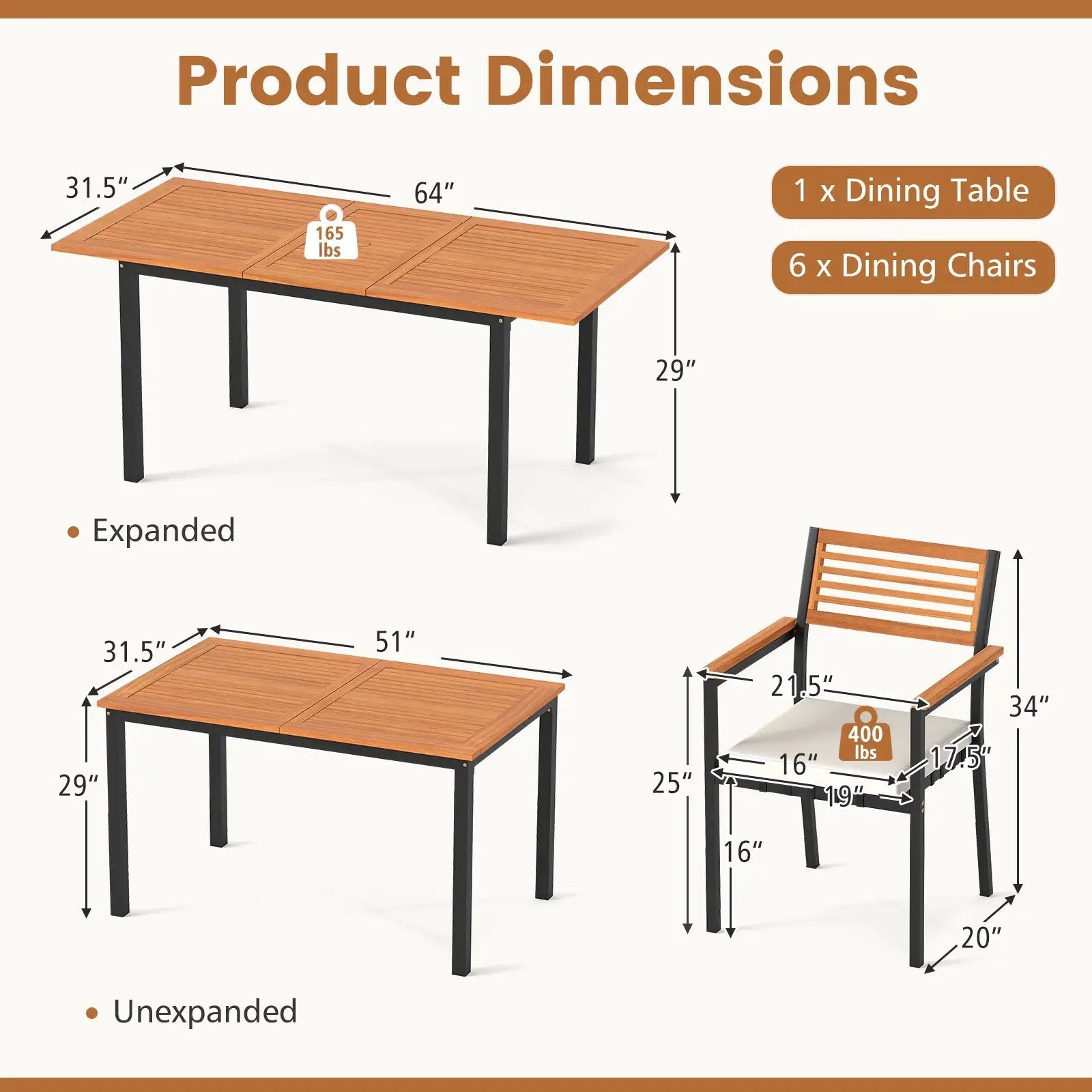 7-Piece Patio Dining Set Wood Metal with Seat Cushions and Umbrella Hole-White by DirectDeals