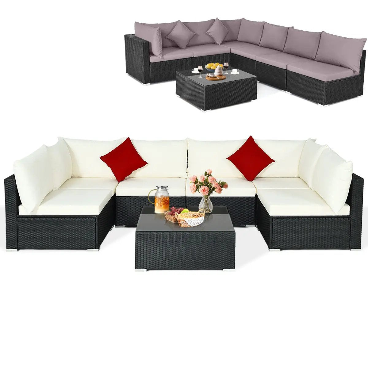 7 Pieces Sectional Wicker Furniture Sofa Set with Tempered Glass Top-Red by DirectDeals