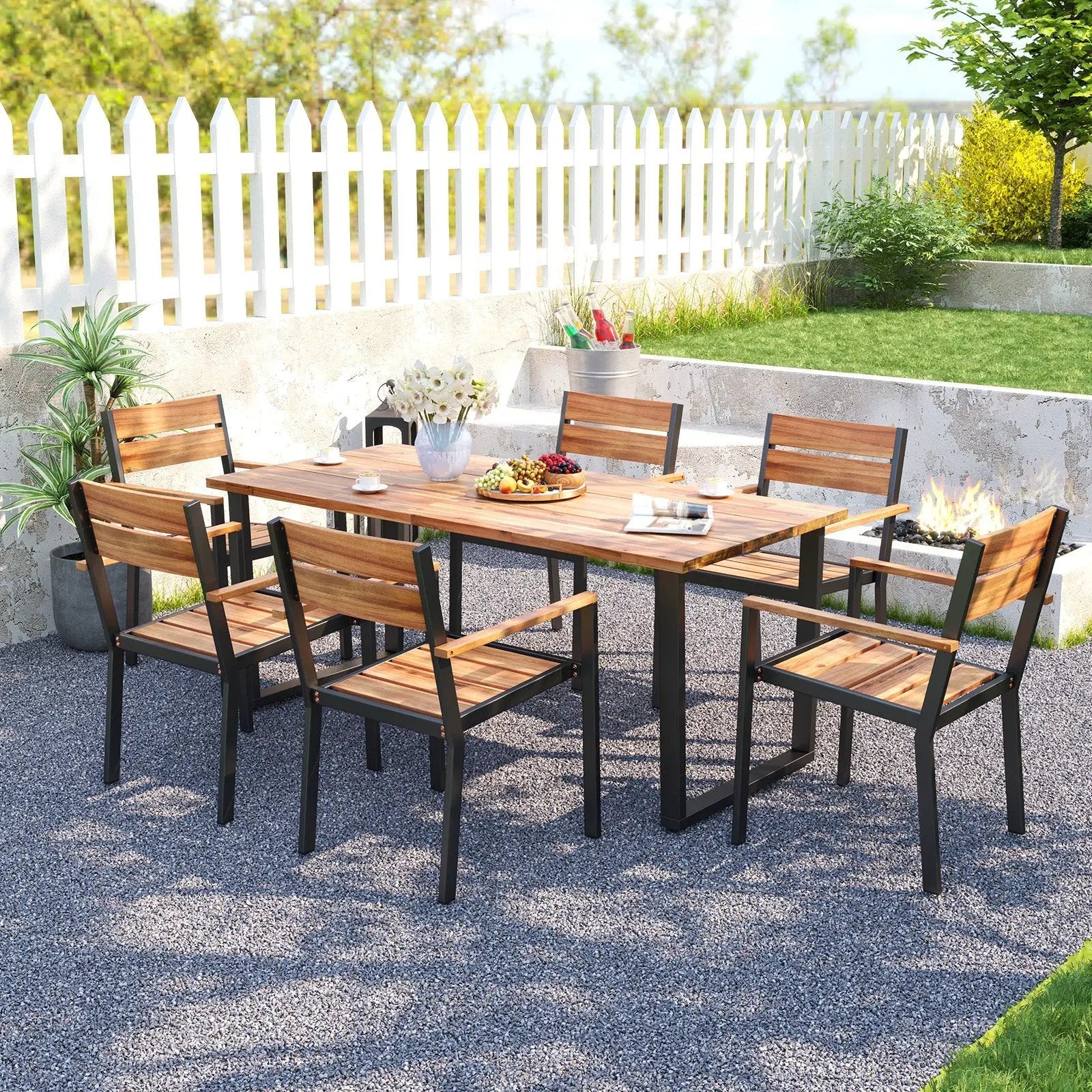 7 Pieces Acacia Wood Patio Dining Set with Metal Frame and 2 Inches Umbrella Hole by DirectDeals