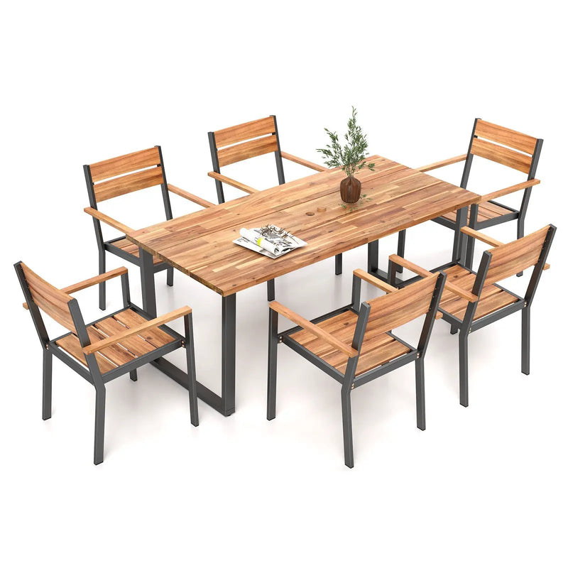 7 Pieces Acacia Wood Patio Dining Set with Metal Frame and 2 Inches Umbrella Hole by DirectDeals