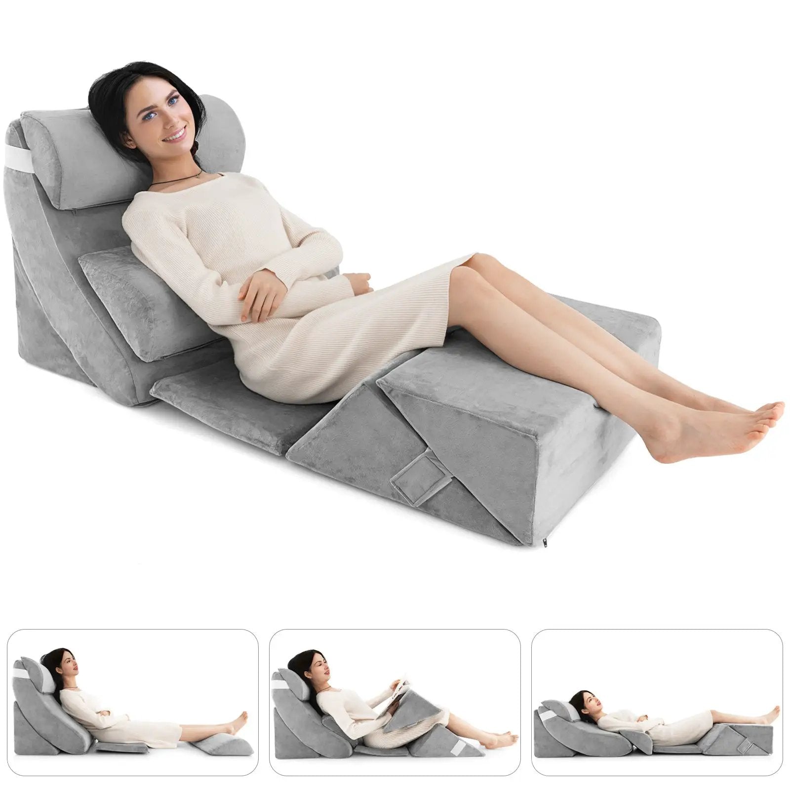 7 Pieces Bed Wedge Pillow Set with Memory Foam and Washable Cover-Gray by DirectDeals