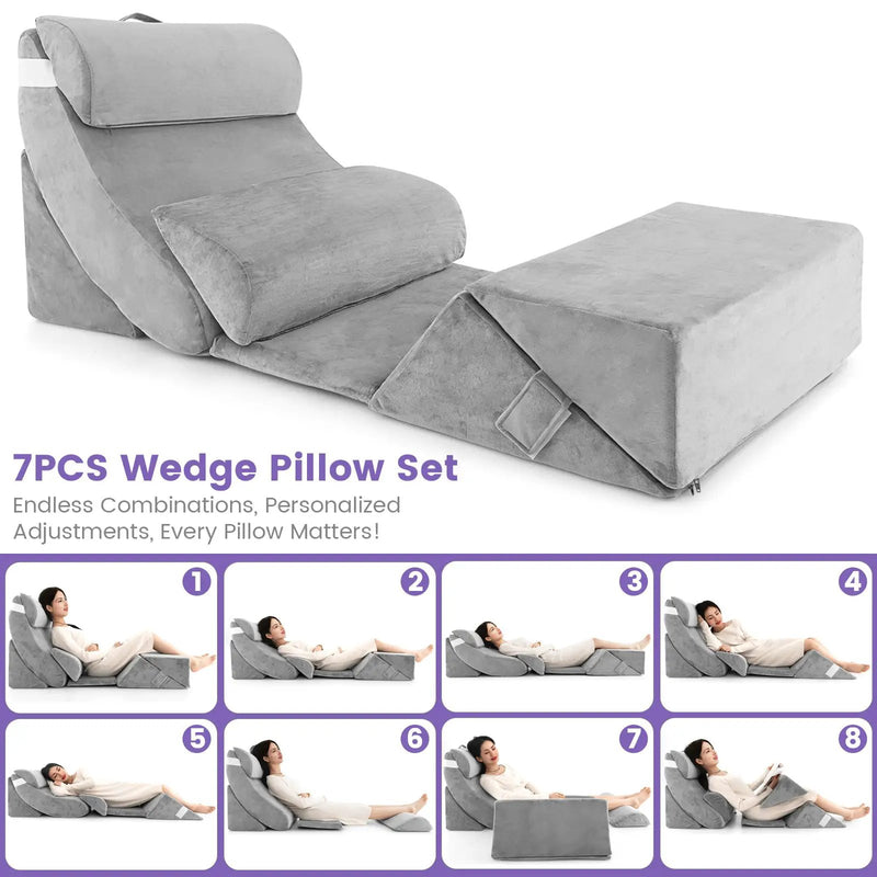 7 Pieces Bed Wedge Pillow Set with Memory Foam and Washable Cover-Gray by DirectDeals