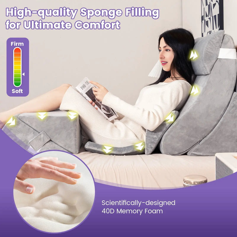 7 Pieces Bed Wedge Pillow Set with Memory Foam and Washable Cover-Gray by DirectDeals