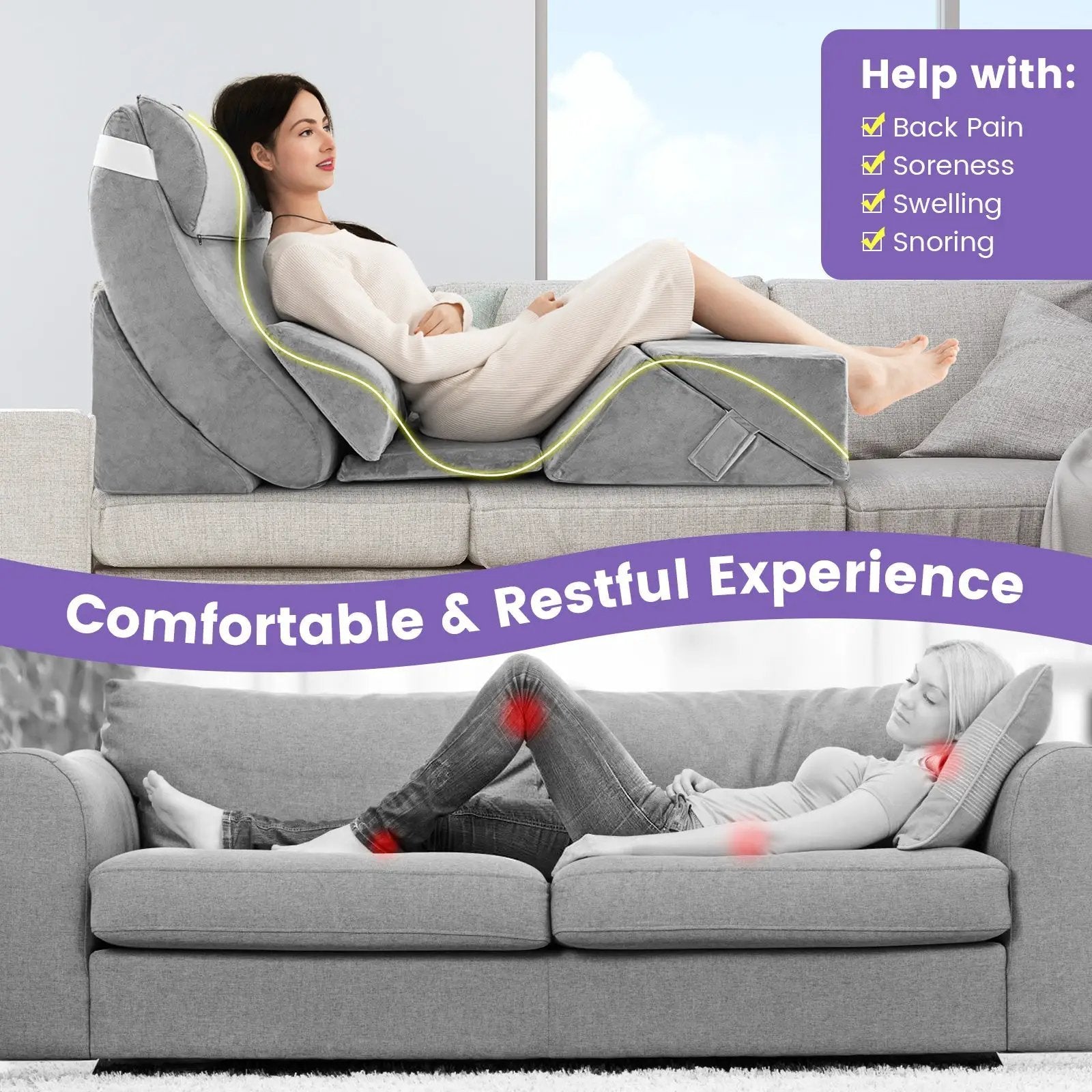 7 Pieces Bed Wedge Pillow Set with Memory Foam and Washable Cover-Gray by DirectDeals