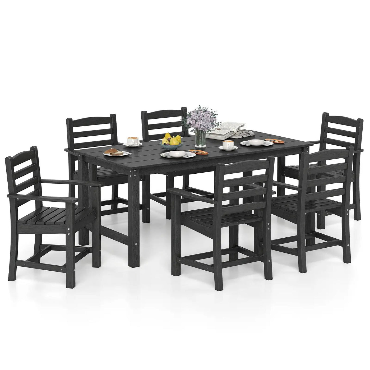 7 Pieces Outdoor Dining Table Set for 6 People 67 Inch HDPE Patio Rectangle Table and 6 Armchairs by DirectDeals
