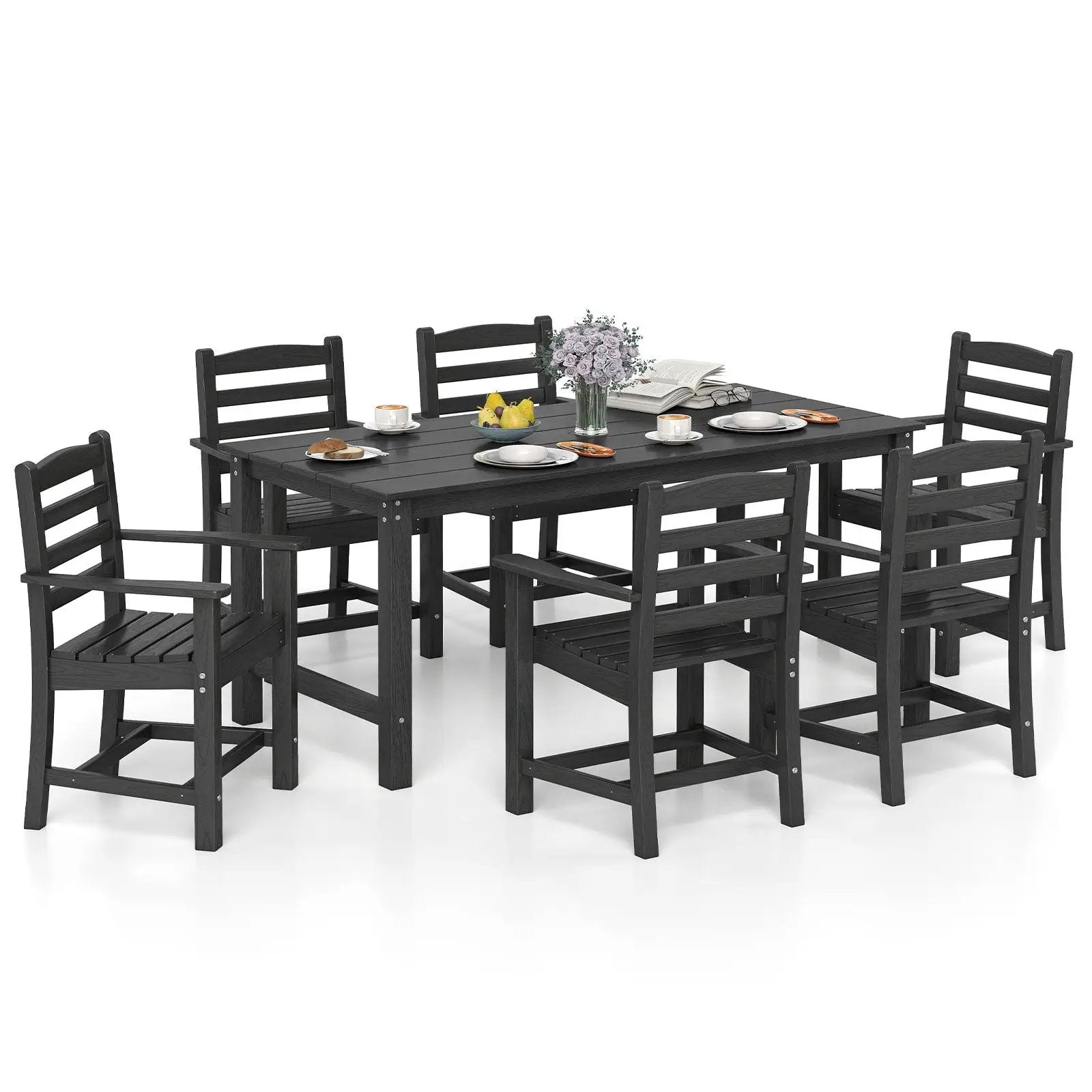 7 Pieces Outdoor Dining Table Set for 6 People 67 Inch HDPE Patio Rectangle Table and 6 Armchairs by DirectDeals