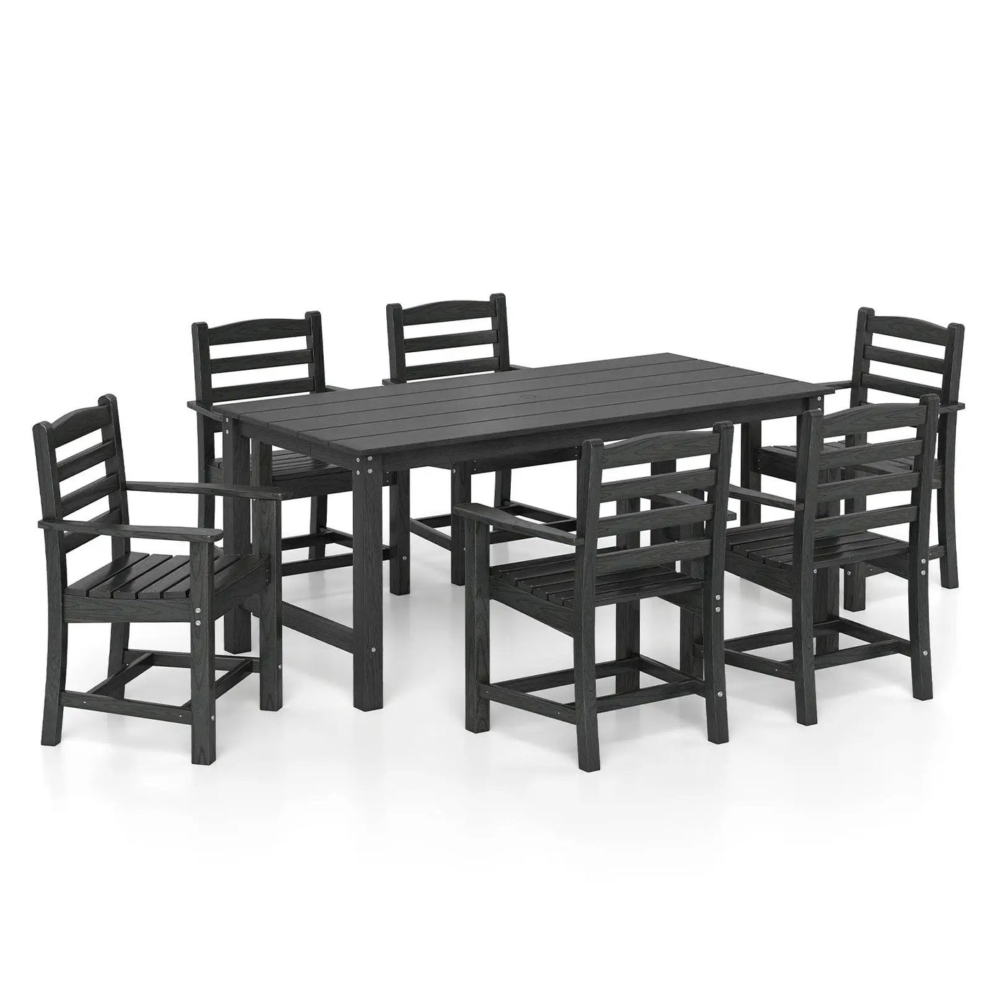 7 Pieces Outdoor Dining Table Set for 6 People 67 Inch HDPE Patio Rectangle Table and 6 Armchairs by DirectDeals