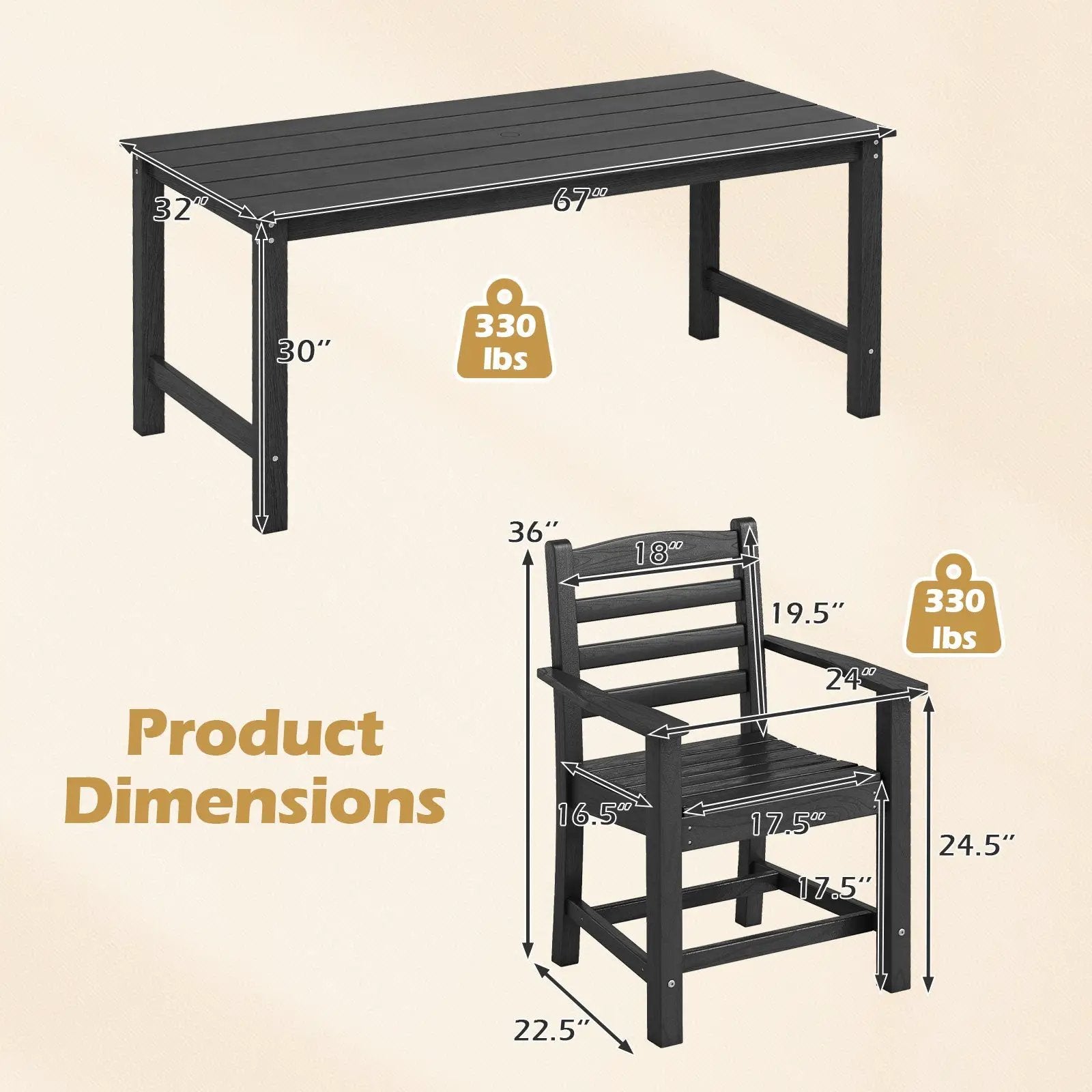 7 Pieces Outdoor Dining Table Set for 6 People 67 Inch HDPE Patio Rectangle Table and 6 Armchairs by DirectDeals