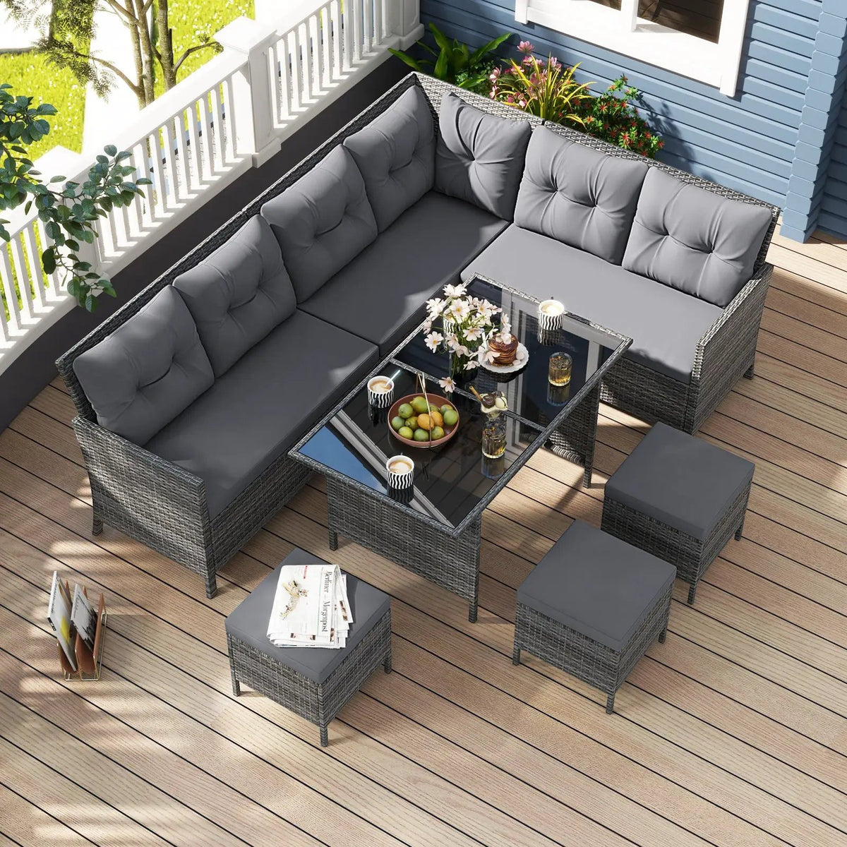 7 Pieces Patio Dining Furniture Set with Soft Cushions and Ottomans by DirectDeals