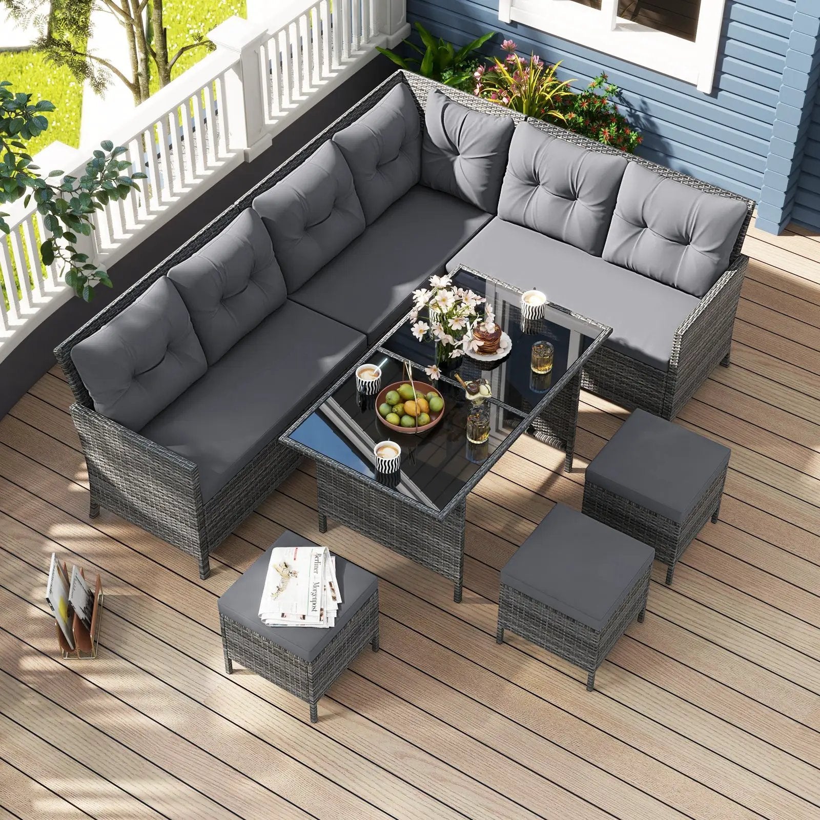 7 Pieces Patio Dining Furniture Set with Soft Cushions and Ottomans by DirectDeals