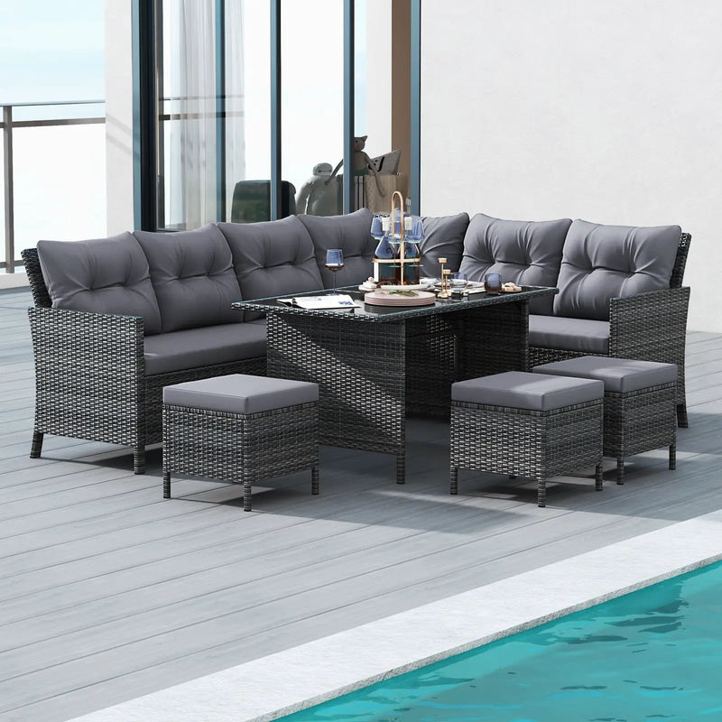 7 Pieces Patio Dining Furniture Set with Soft Cushions and Ottomans by DirectDeals