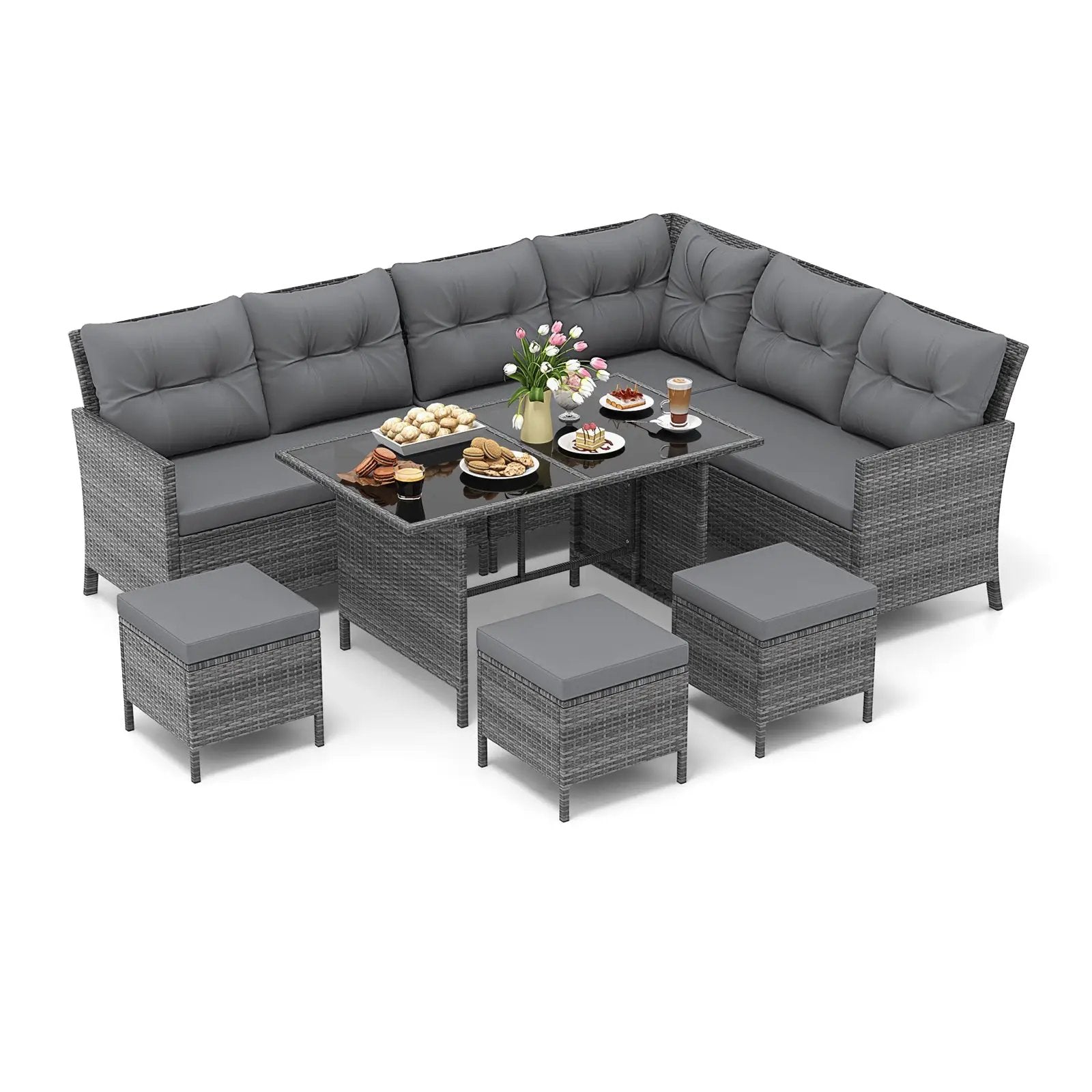 7 Pieces Patio Dining Furniture Set with Soft Cushions and Ottomans by DirectDeals