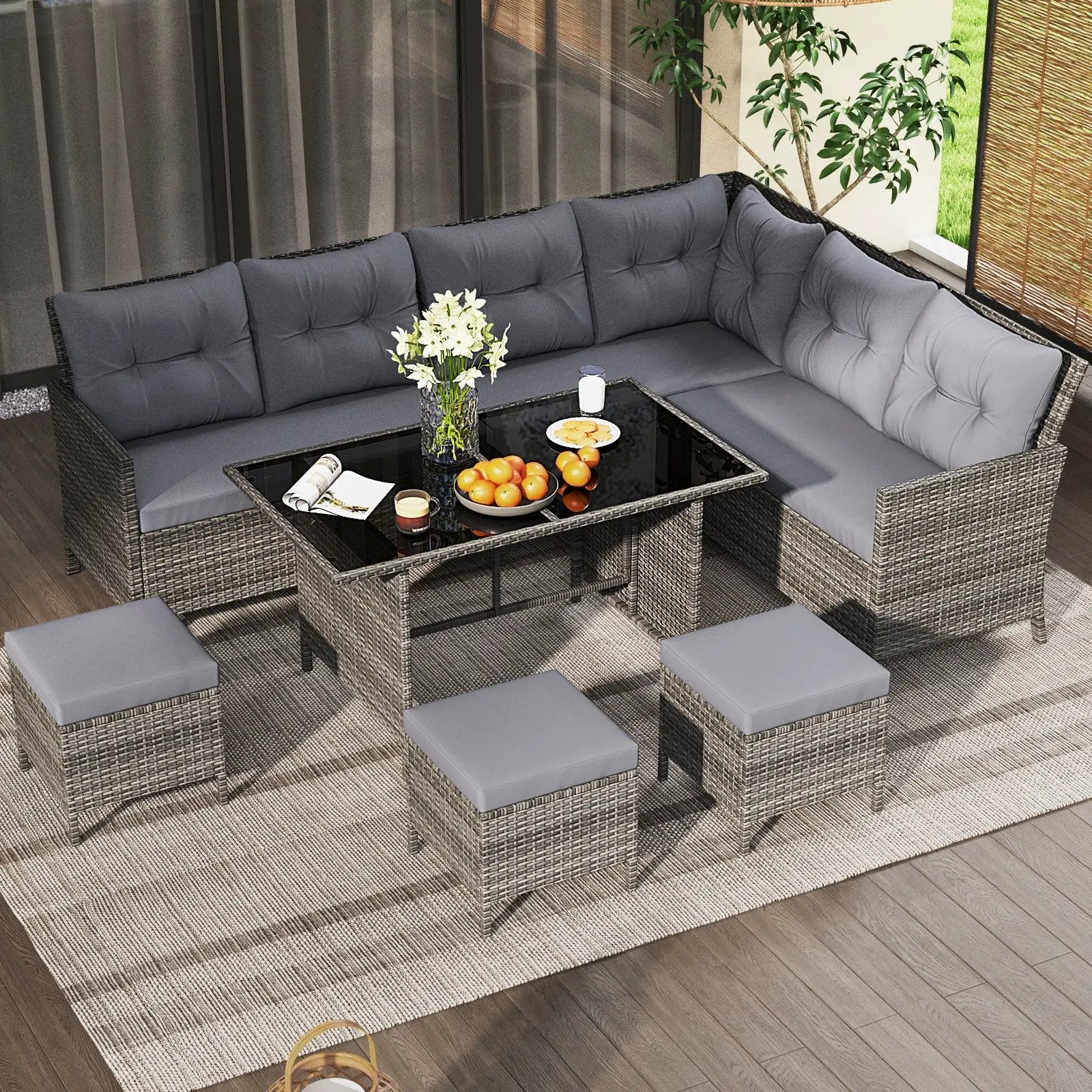 7 Pieces Patio Dining Furniture Set with Soft Cushions and Ottomans by DirectDeals