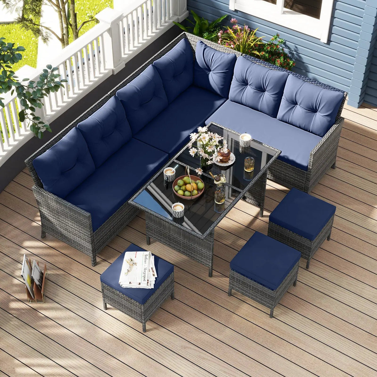 7 Pieces Patio Dining Furniture Set with Soft Cushions and Ottomans by DirectDeals