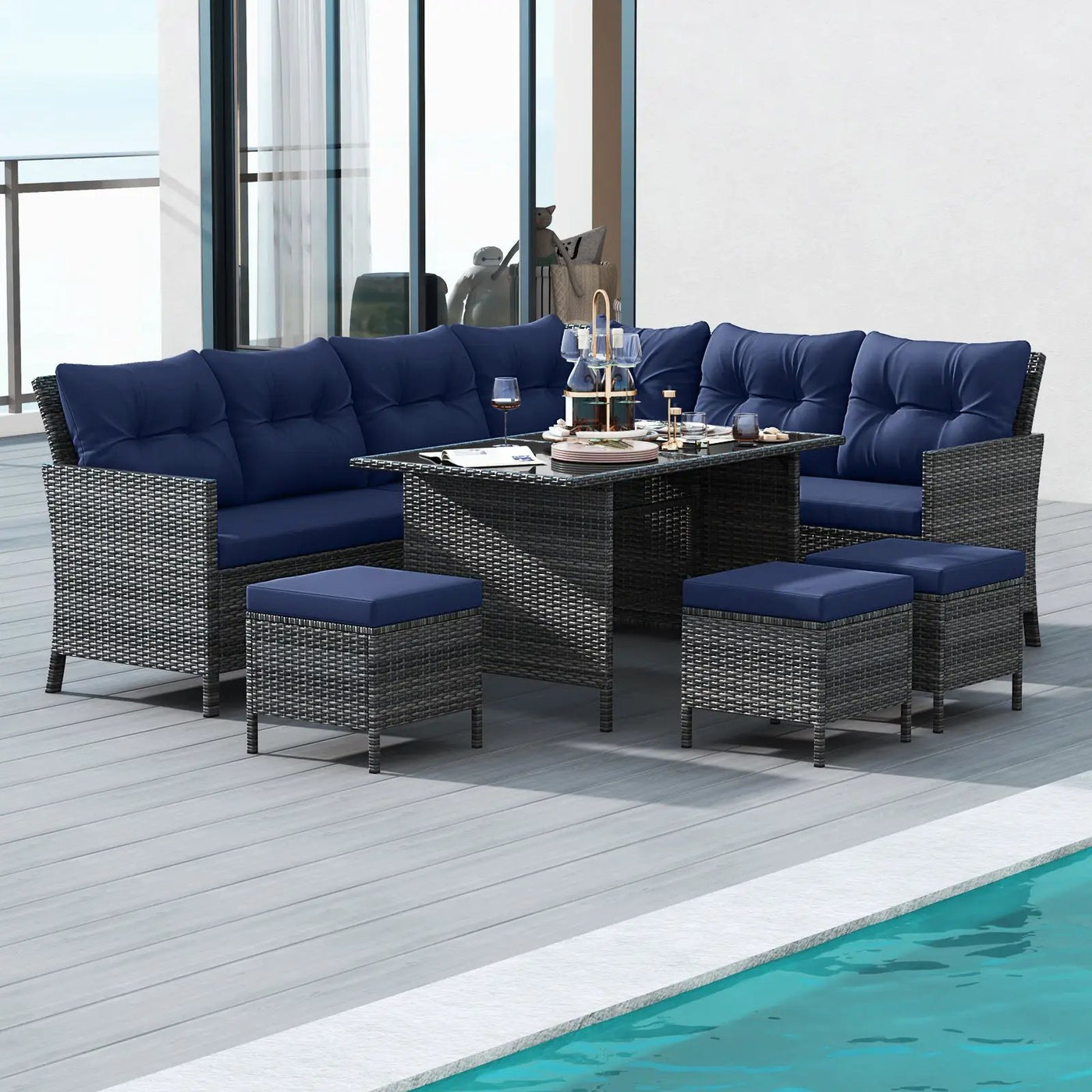 7 Pieces Patio Dining Furniture Set with Soft Cushions and Ottomans by DirectDeals