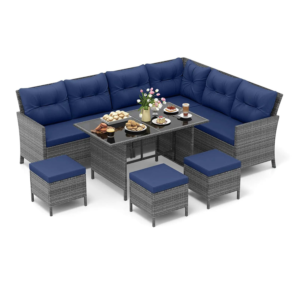 7 Pieces Patio Dining Furniture Set with Soft Cushions and Ottomans by DirectDeals