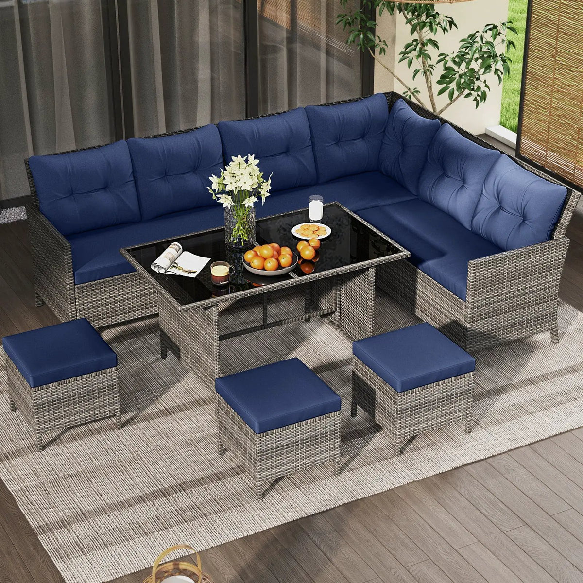 7 Pieces Patio Dining Furniture Set with Soft Cushions and Ottomans by DirectDeals