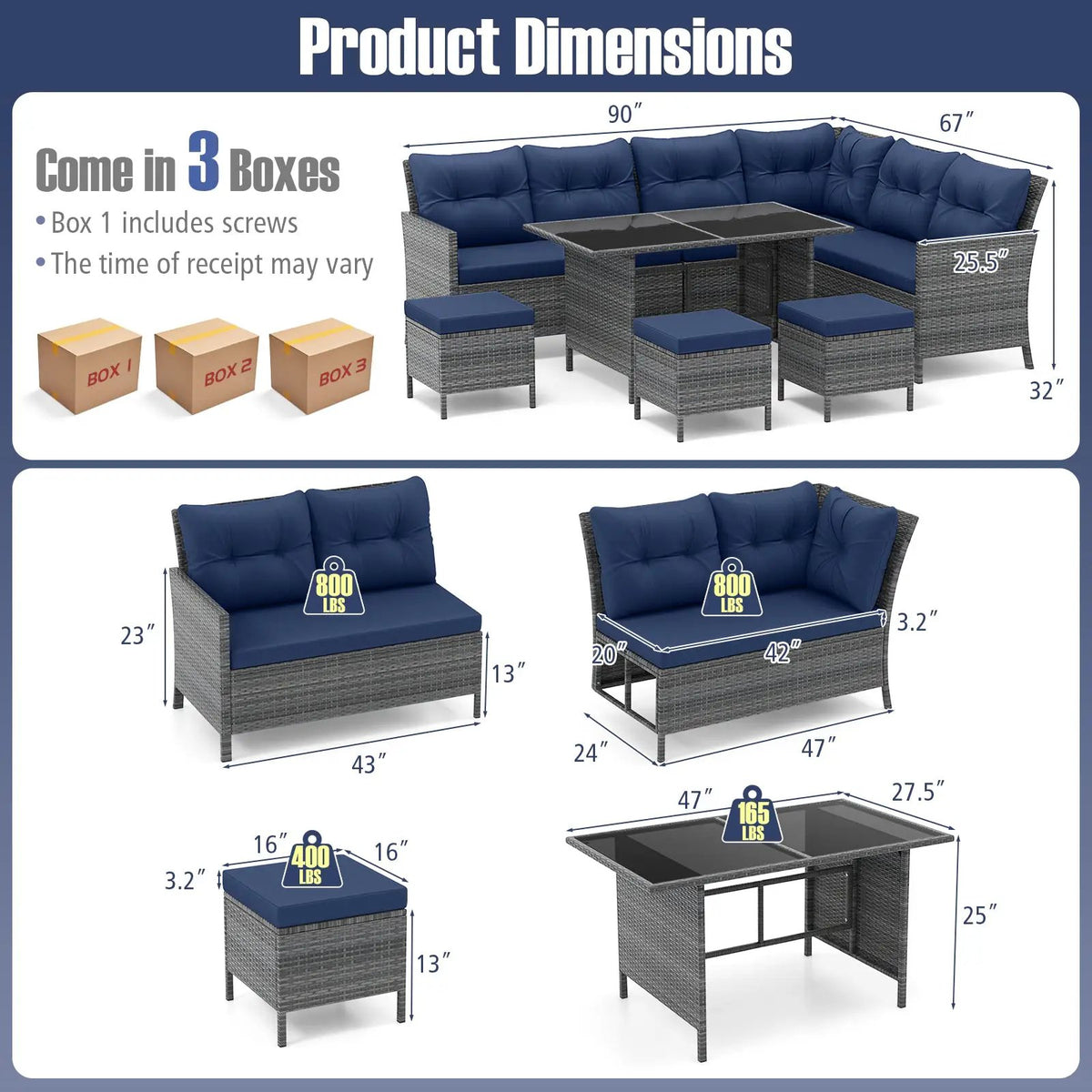 7 Pieces Patio Dining Furniture Set with Soft Cushions and Ottomans by DirectDeals