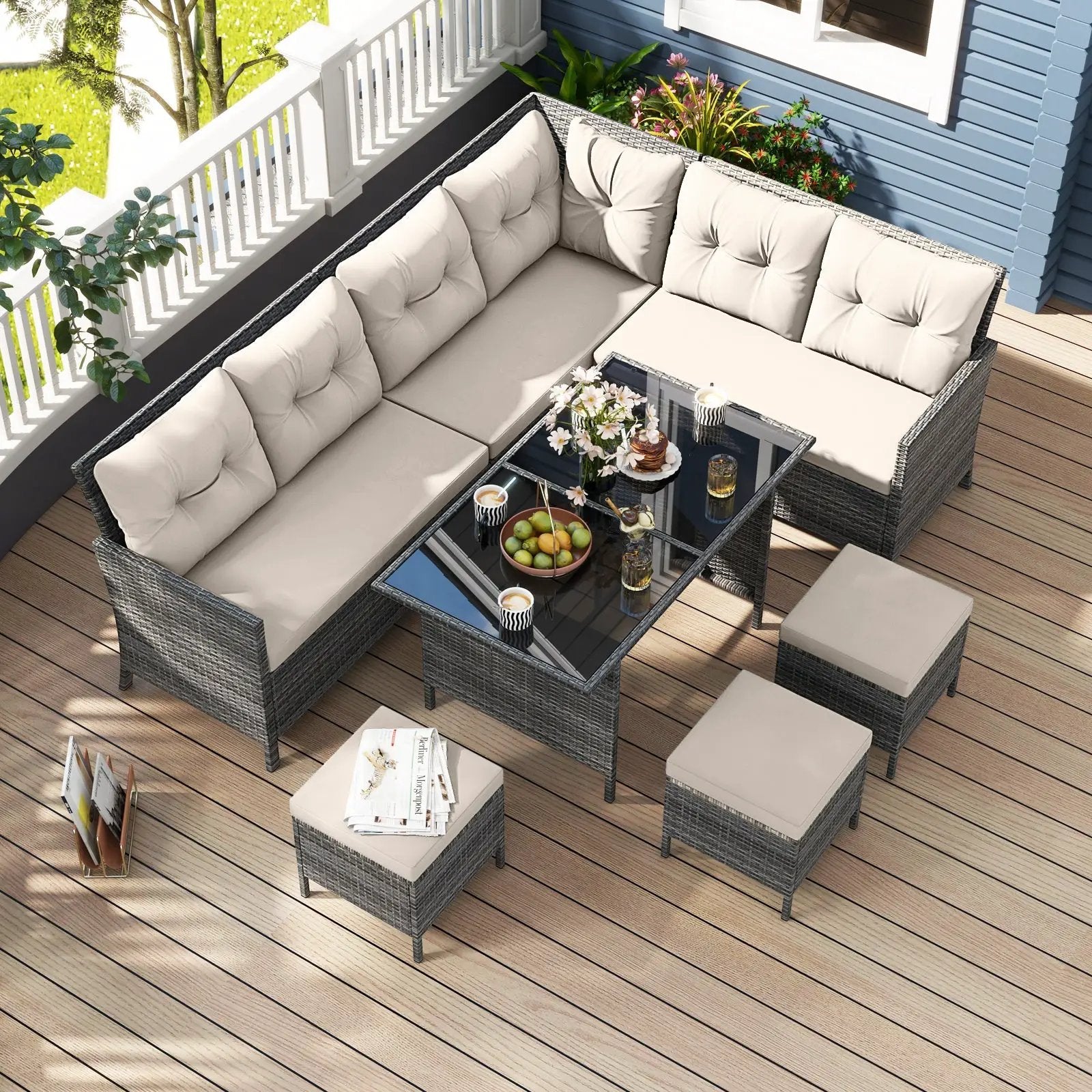 7 Pieces Patio Dining Furniture Set with Soft Cushions and Ottomans by DirectDeals