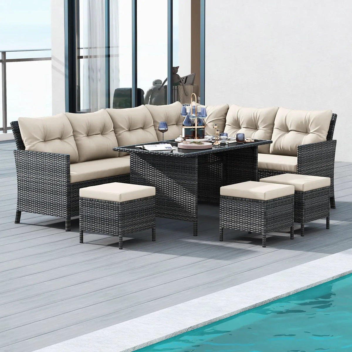 7 Pieces Patio Dining Furniture Set with Soft Cushions and Ottomans by DirectDeals