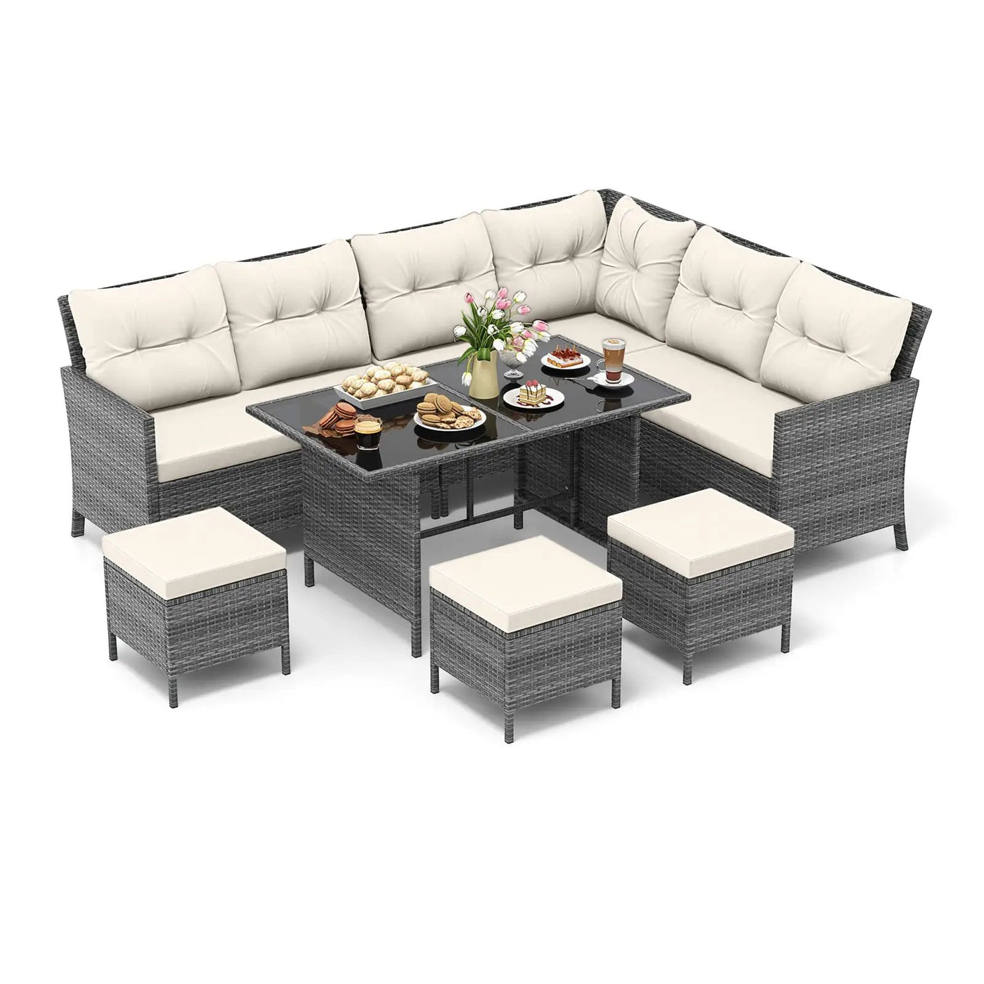 7 Pieces Patio Dining Furniture Set with Soft Cushions and Ottomans by DirectDeals