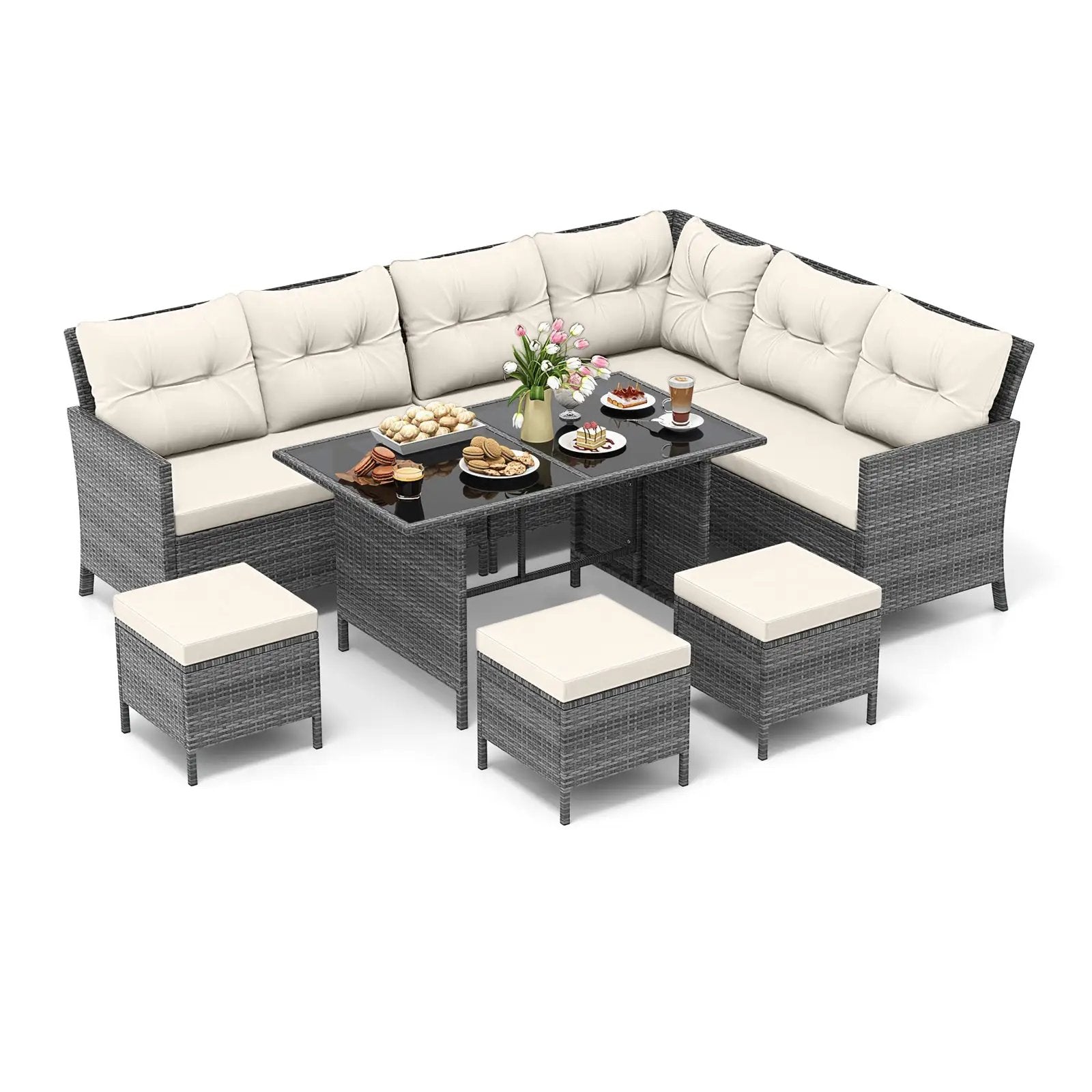 7 Pieces Patio Dining Furniture Set with Soft Cushions and Ottomans by DirectDeals