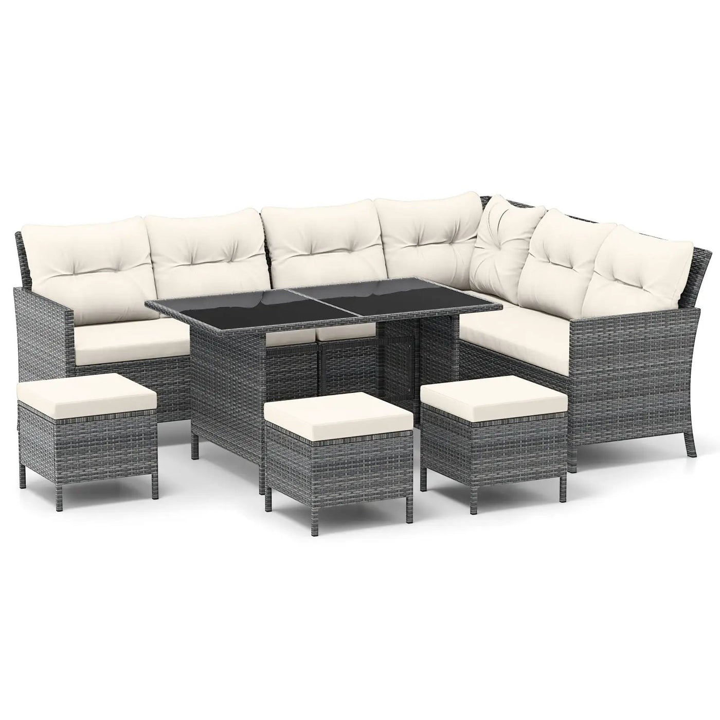 7 Pieces Patio Dining Furniture Set with Soft Cushions and Ottomans by DirectDeals