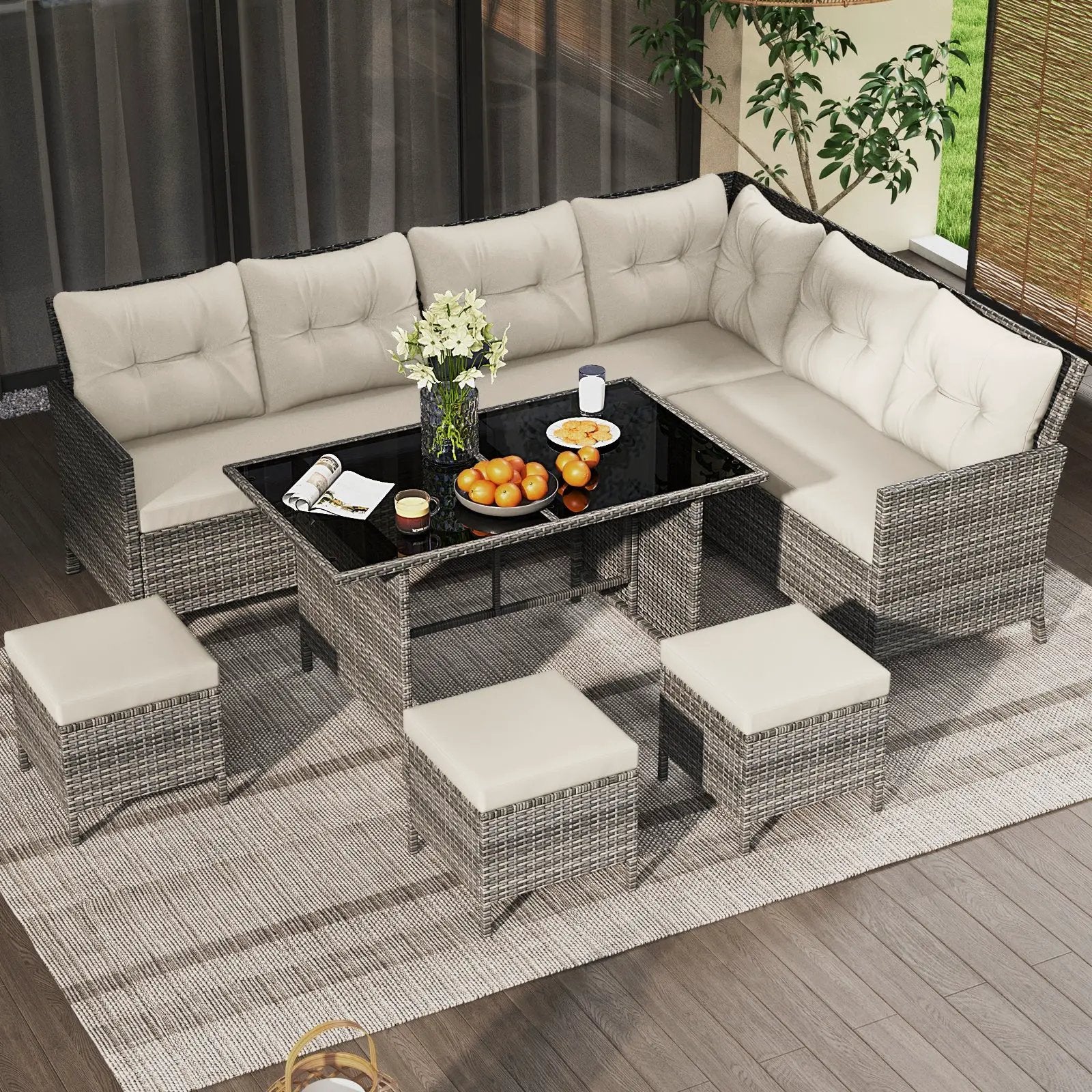 7 Pieces Patio Dining Furniture Set with Soft Cushions and Ottomans by DirectDeals
