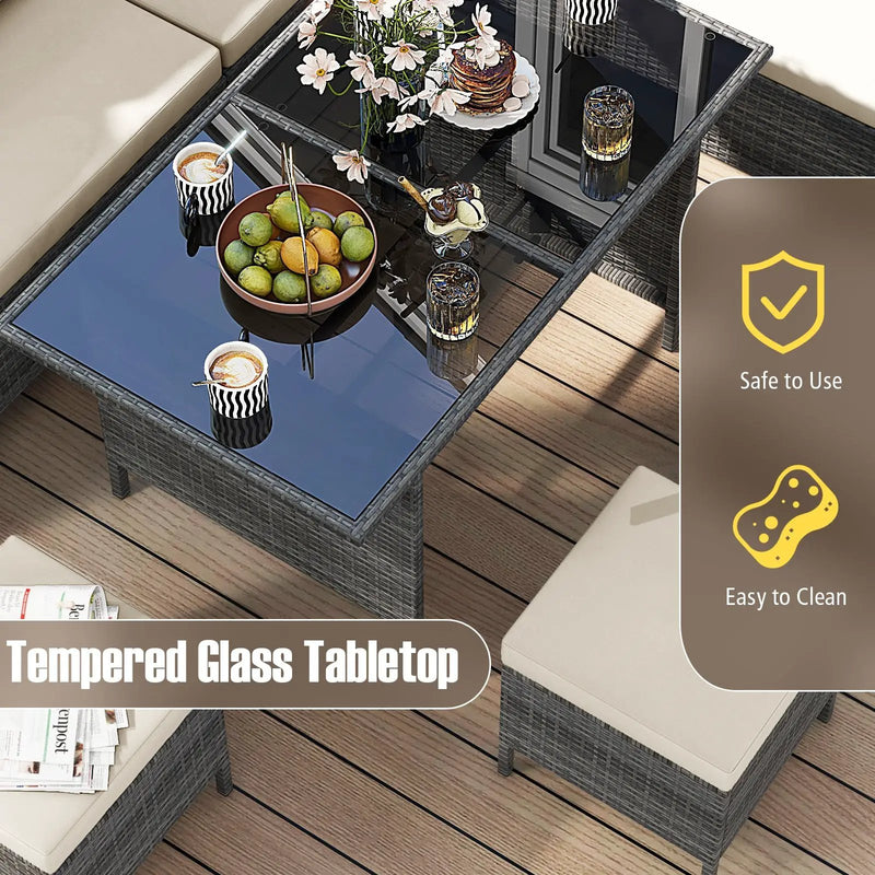 7 Pieces Patio Dining Furniture Set with Soft Cushions and Ottomans by DirectDeals