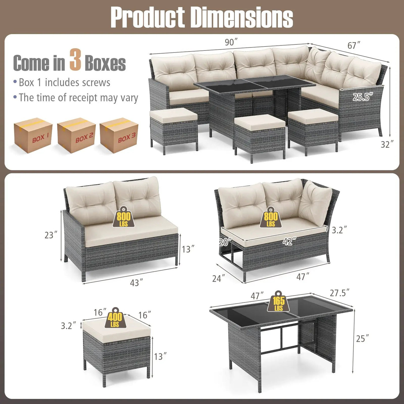 7 Pieces Patio Dining Furniture Set with Soft Cushions and Ottomans by DirectDeals