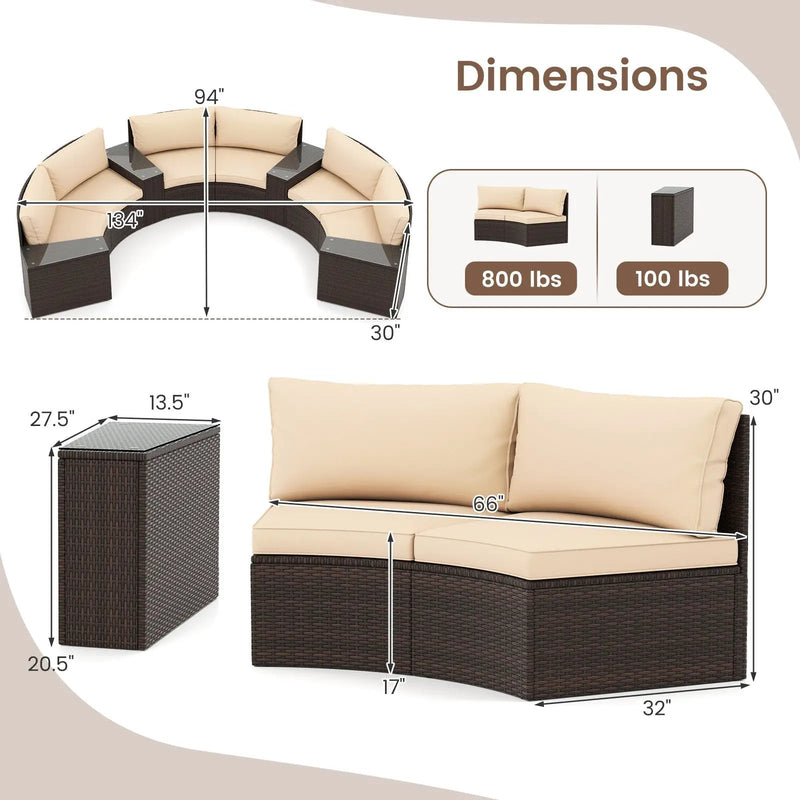 7 Pieces Patio Furniture Set PE Rattan Half-Moon Curved Sofas with Side Tables-Brown by DirectDeals