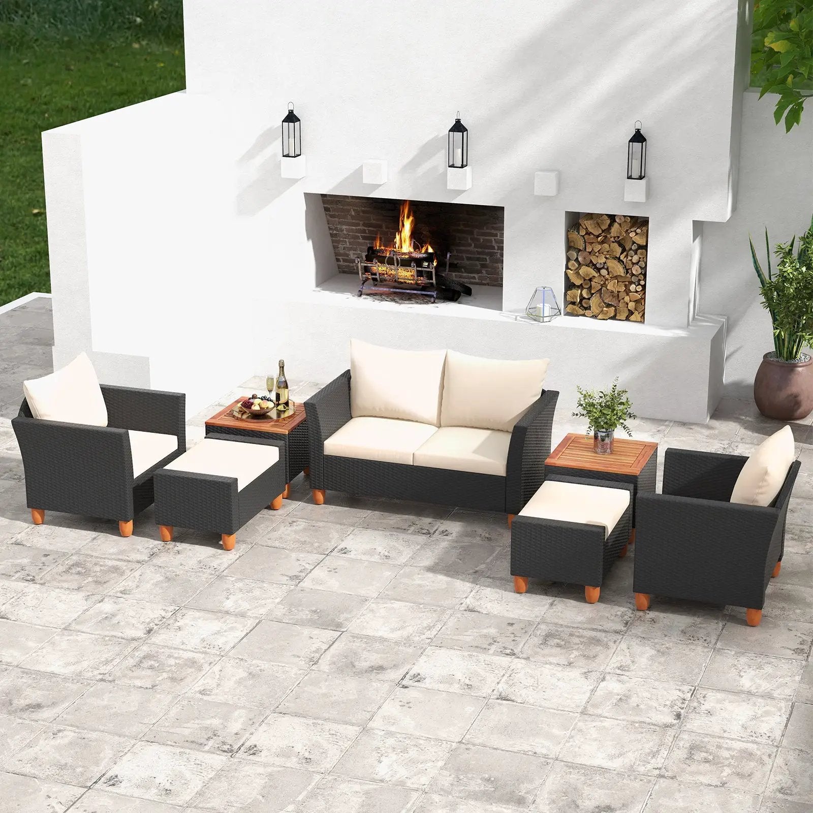 7 Pieces Patio Furniture PE Rattan Sectional Sofa Set with Armchairs and Table-white by DirectDeals