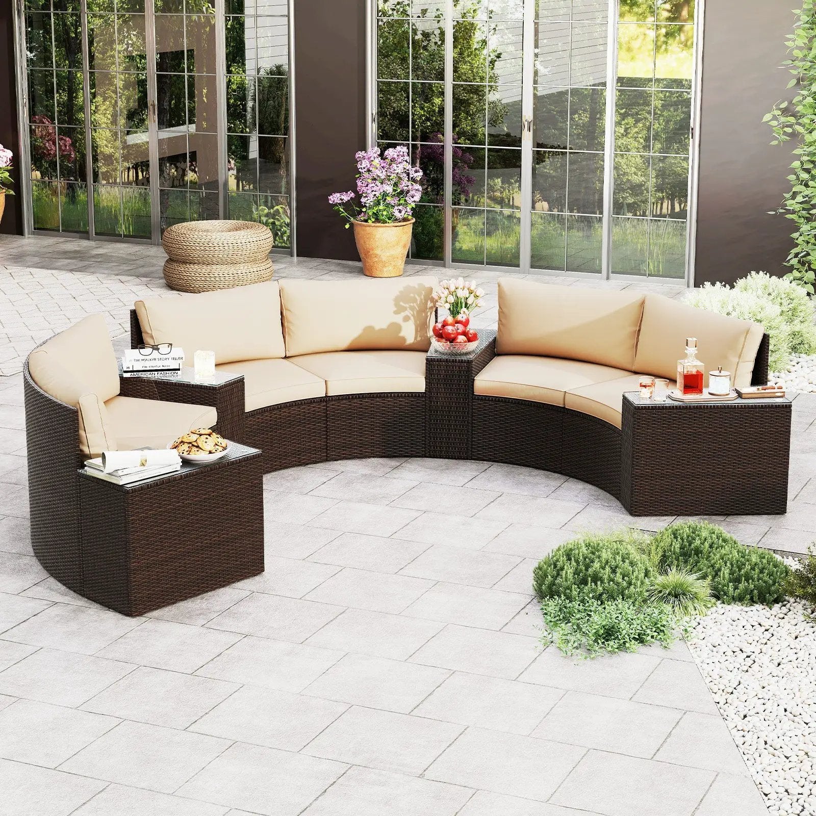 7 Pieces Patio Furniture Set PE Rattan Half-Moon Curved Sofas with Side Tables-Brown by DirectDeals