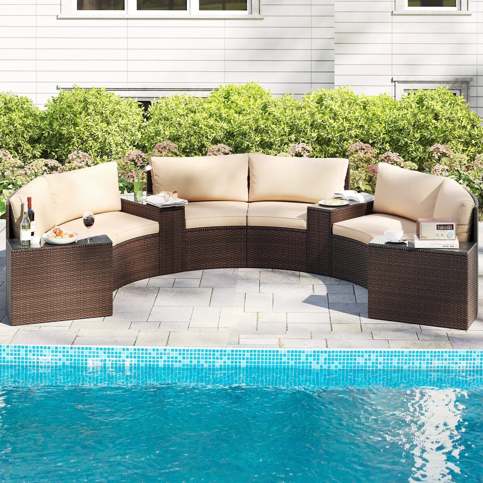 7 Pieces Patio Furniture Set PE Rattan Half-Moon Curved Sofas with Side Tables-Brown by DirectDeals