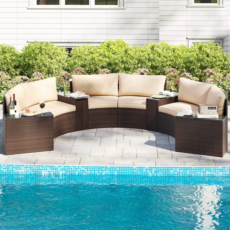 7 Pieces Patio Furniture Set PE Rattan Half-Moon Curved Sofas with Side Tables-Brown by DirectDeals